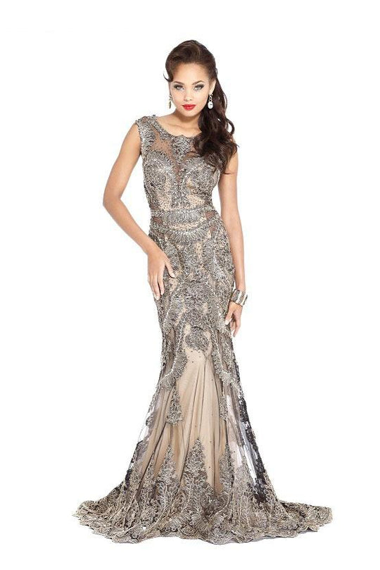 Shail K - 3967 Crystal Embellished Scoop Evening Gown In Gold