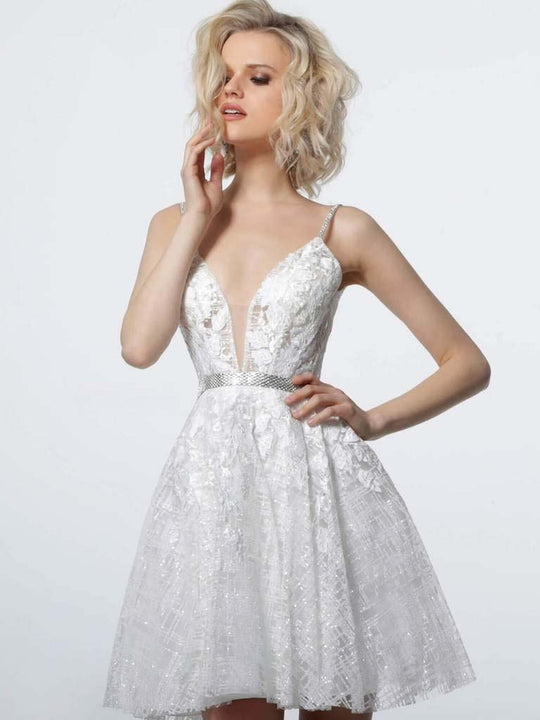 Jovani - 3967 Lace Appliqued Plunging V-Neck Dress In White