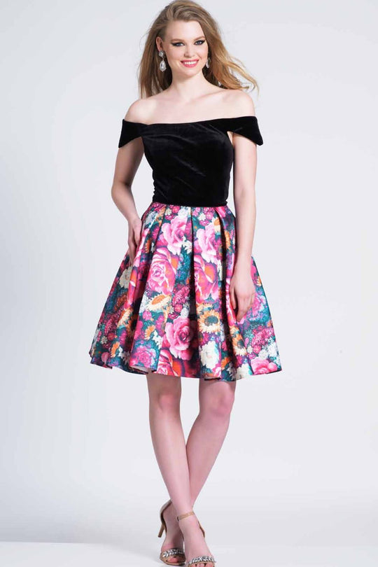 Dave & Johnny - 3968 Off-Shoulder Printed Pleated A-line Dress In Print