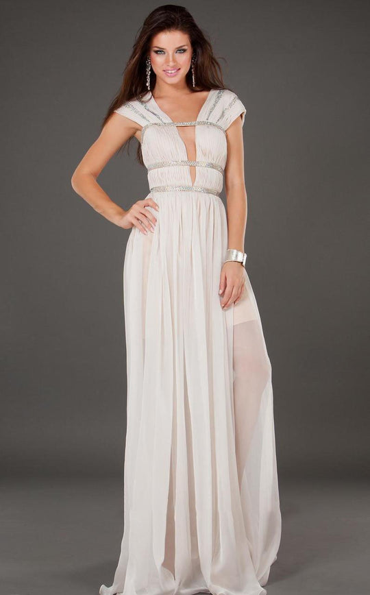 77505 Embellished Ruched Deep V-neck A-line Dress