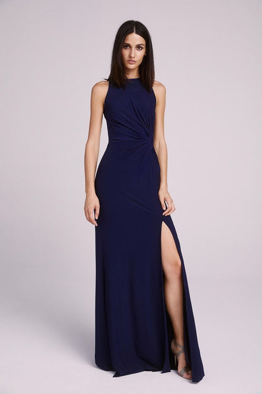 Tadashi Shoji - Jewel Neckline High Slit Long Dress In Blue