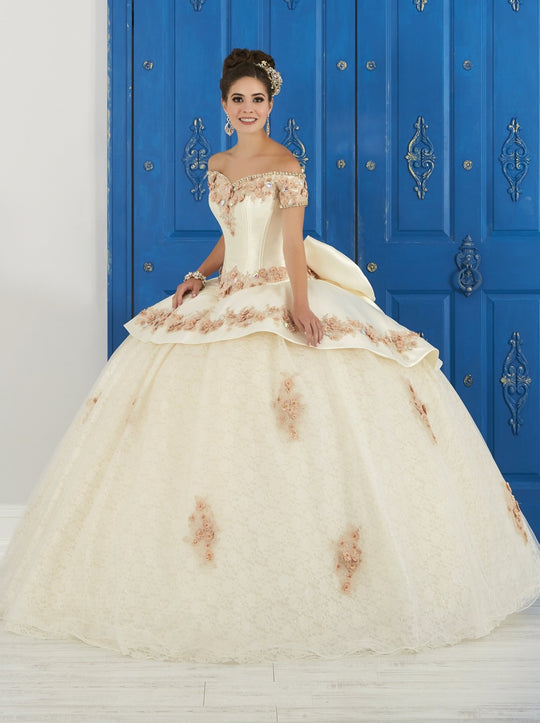 LA Glitter - 24048 Applique Off-Shoulder Glitter Tulle Ballgown In White and Brown