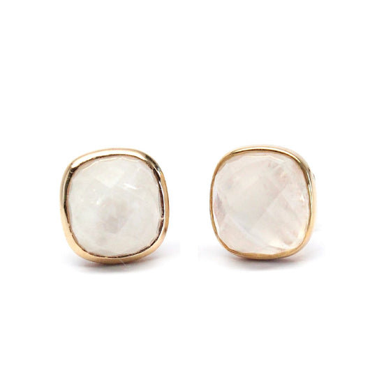 Moonstone Cushion Cut Gold Framed Stud Earrings