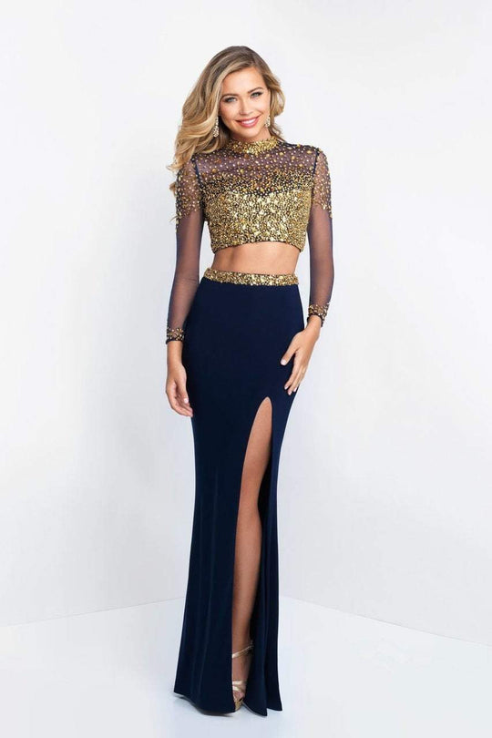 Intrigue - 436 Embellished Illusion High Sheath Dress In Blue and Gold