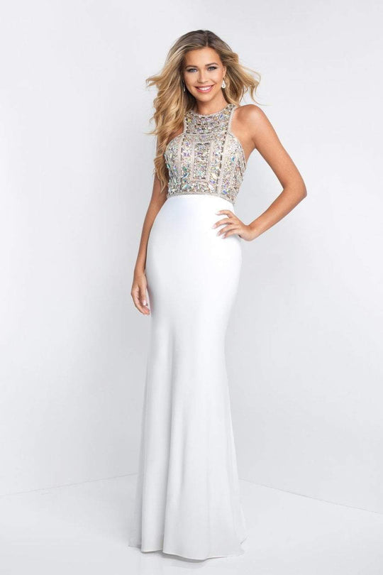 Blush - C1019 Sleeveless Beaded Halter Sheath Dress In White