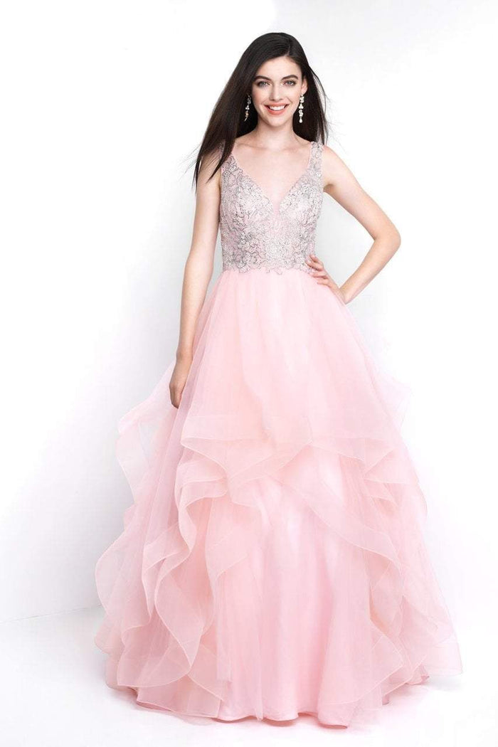 Blush - 5653 Bedazzled V-neck A-line Dress In Pink and Silver