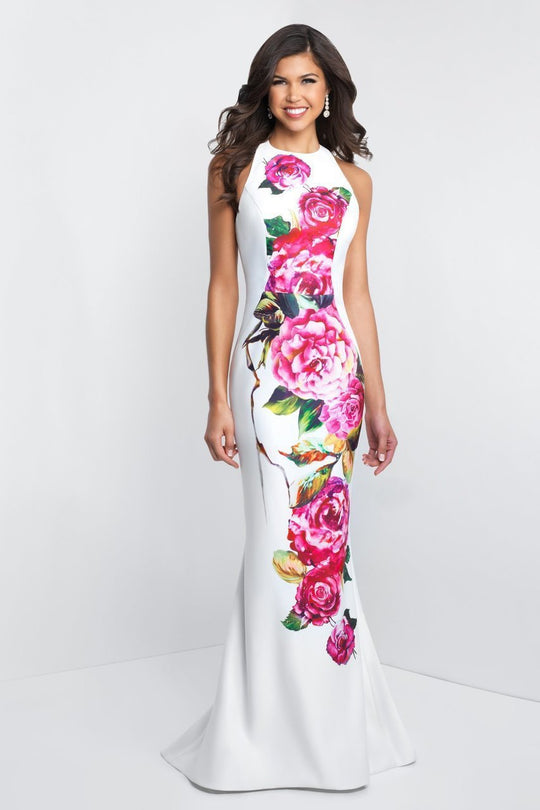 Blush - C1040 Sleek Floral Print Halter Sheath Dress In White and Pink