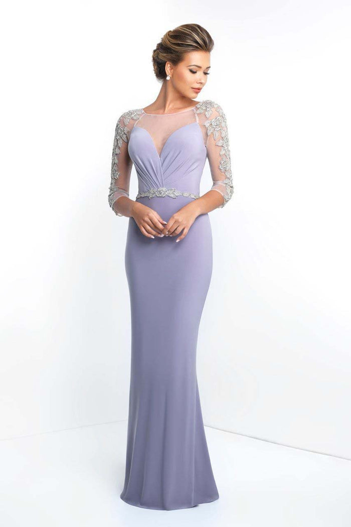 Blush - S2030 Sheer Quarter-Length Sleeves Beaded Sheath Gown In Silver