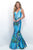 Blush - Deep V-Neck Printed Mikado Mermaid Dress 11316 in Blue and Multi-Color