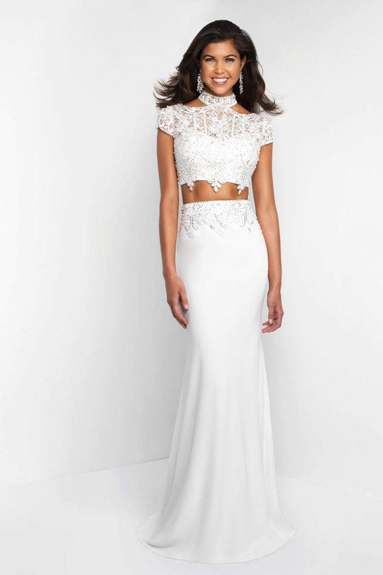 Intrigue - 426 Cap Sleeve Illusion High Neck Embroidered Gown In White