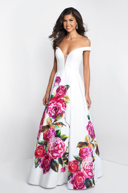Blush - C1041 Floral Printed Off-Shoulder Ballgown In White and Pink