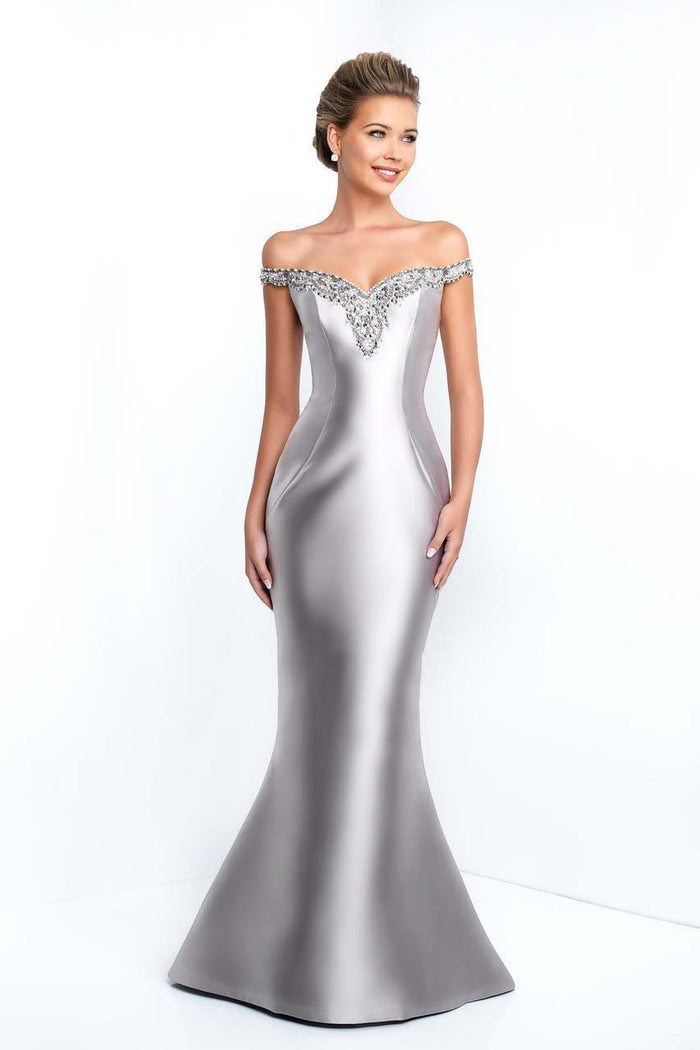 Blush - S2014 Shawl Embellished Off-Shoulder Mermaid Gown In Silver