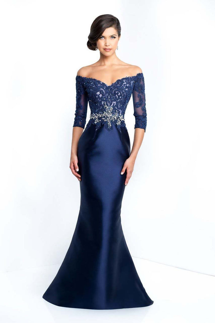 Blush - S2016 Beaded Sheer Off-Shoulder Sheath Gown In Blue and Neutral