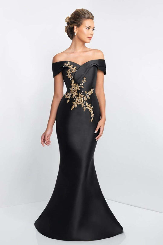 Crystal Beaded Applique Off-Shoulder Gown S2006 In Black and Gold