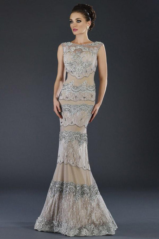 Janique  7517  Lace Embellished Fit and Flare Dress  in Neutral