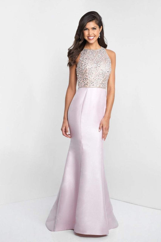 Blush - C1012 Jewel Neck Asymmetric Beaded Mermaid Dress In Pink