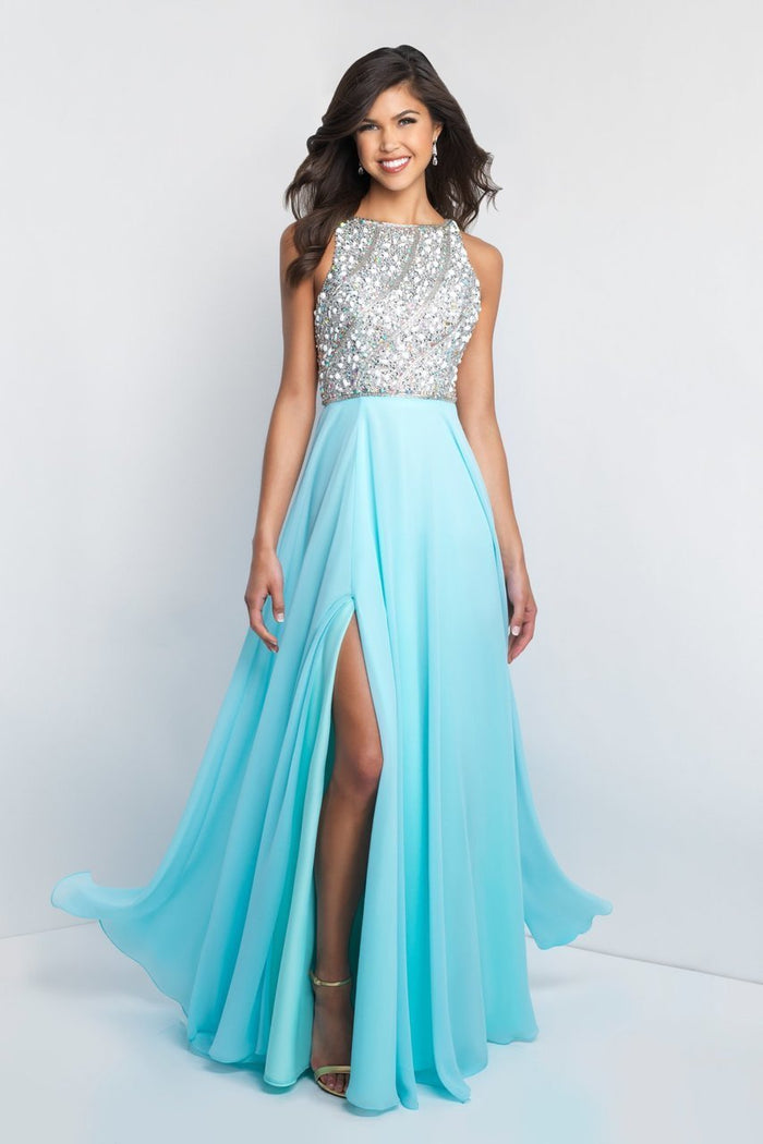 Blush - C1034 Beaded Bateau Neck A-line Dress In Blue