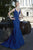 Janique W1711 - Sleeveless Scalloped Deep V Neck Illusion Mermaid Gown in Blue