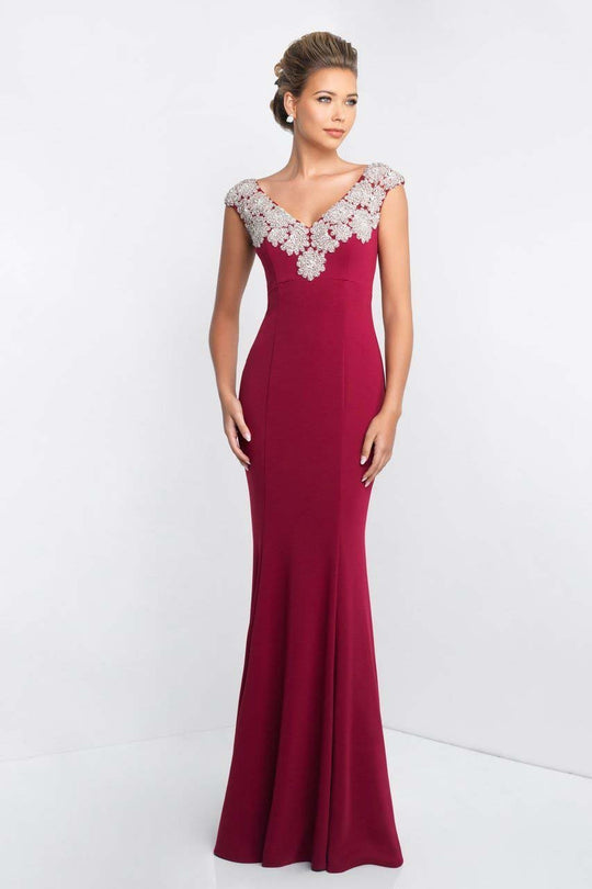 Blush - S2024 Shawl Crystal Embellished V-neck Sheath Gown In Red