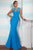 Janique  W975 Cap Sleeves Long Lace and Stretch Crepe Gown in Blue