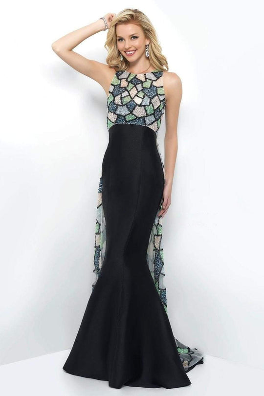 Blush - Geometric Overlaid Mermaid Gown 7103 in Black and Multi-Color