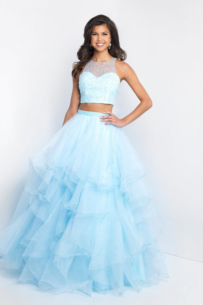 Blush - 5664 Beaded Illusion Halter Ballgown In Blue