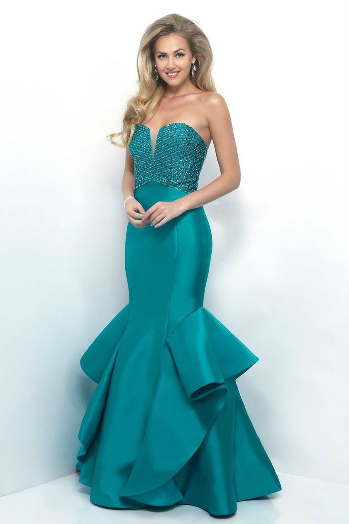 Blush - 11253 Beaded Strapless Ruffled Mermaid Gown In Green