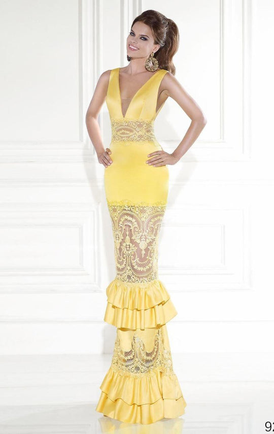 Tarik Ediz - V Neckline Tiered Lace Gown 92589 in Yellow