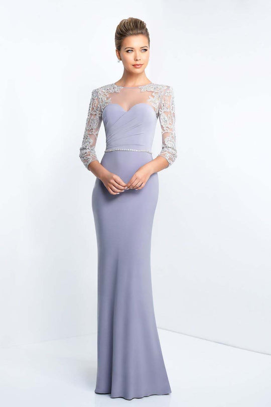 Blush - S2027 Beaded Sheer Jewel Neck Jersey Fitted Gown In Silver