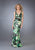 La Femme - Vibrantly Print V-Neck Sheath Gown with a Brooch Accent 13262 In Green and Print