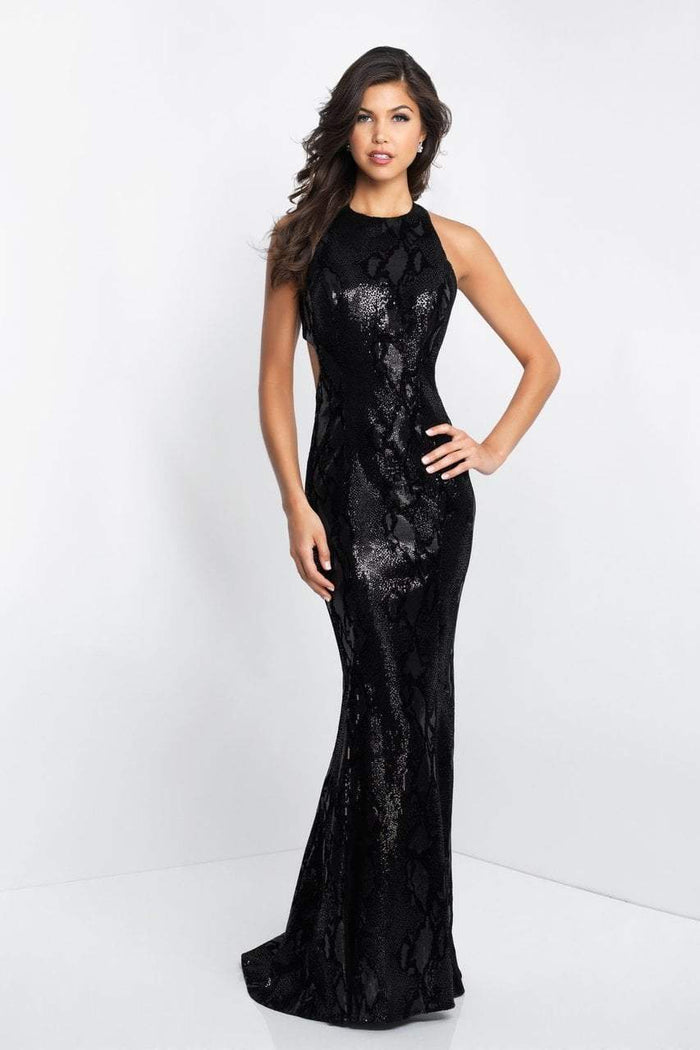 Blush - C1021 Snake Print Sequined Halter Sheath Dress In Black