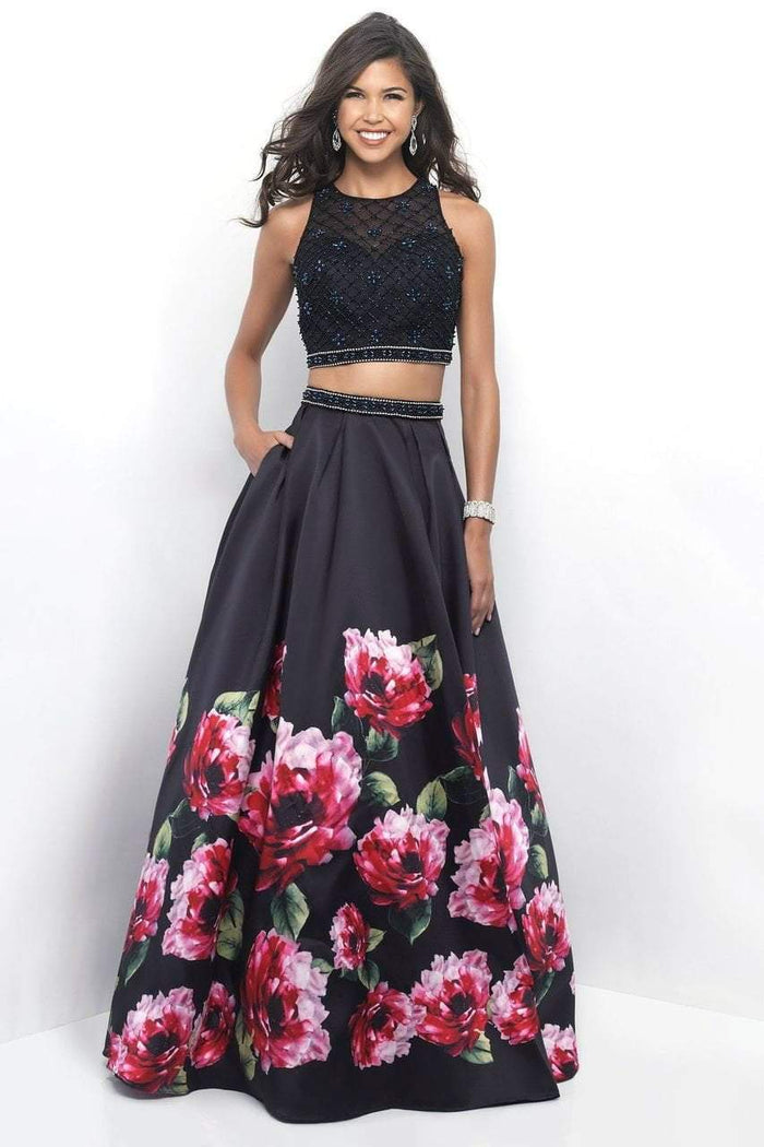 Blush - Floral Print Illusion Mikado A-Line Gown 5610 in Black and Multi-Color