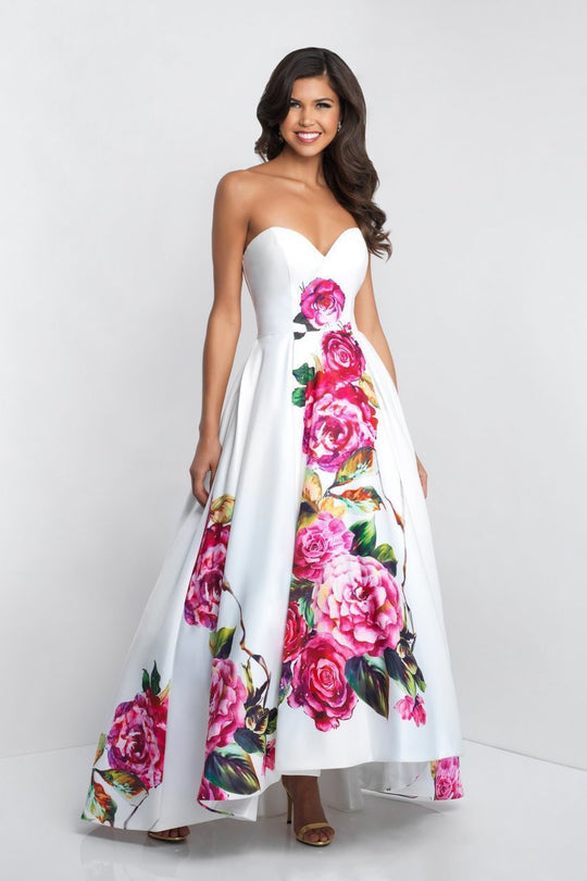 Blush - C1039 Floral Printed Sweetheart High Low Ballgown In White and Pink