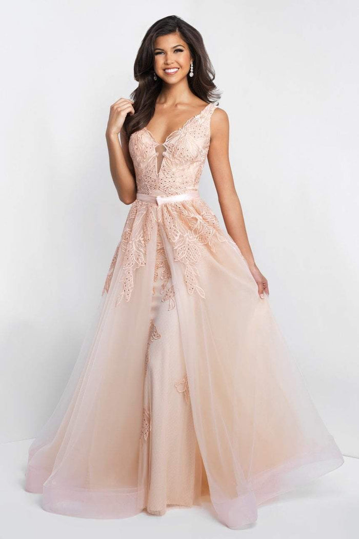 Blush - C1070 Sleeveless Lace Appliqued Tulle Overskirt Gown In Pink and Neutral