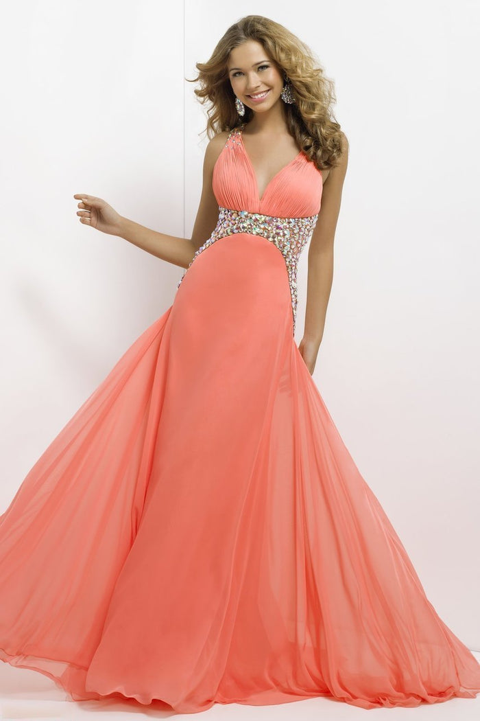 Blush - Sleeveless V-Neck Pleated Long Dress 9708 in Orange