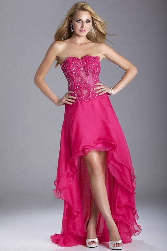 Janique K124 - Strapless Sweetheart Sheer Corset High-Low Skirt Evening Gown in Pink