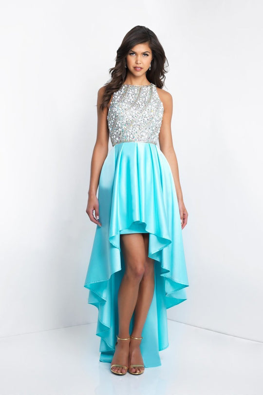 Blush - C1037 Beaded Bateau Neck High Low Dress In Blue