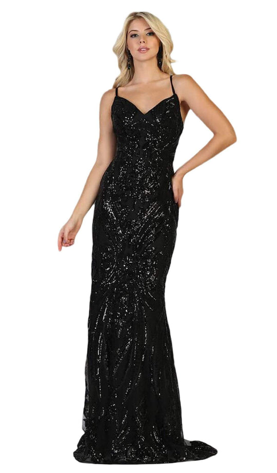 May Queen - MQ1648 Embellished V-neck Trumpet Dress In Black