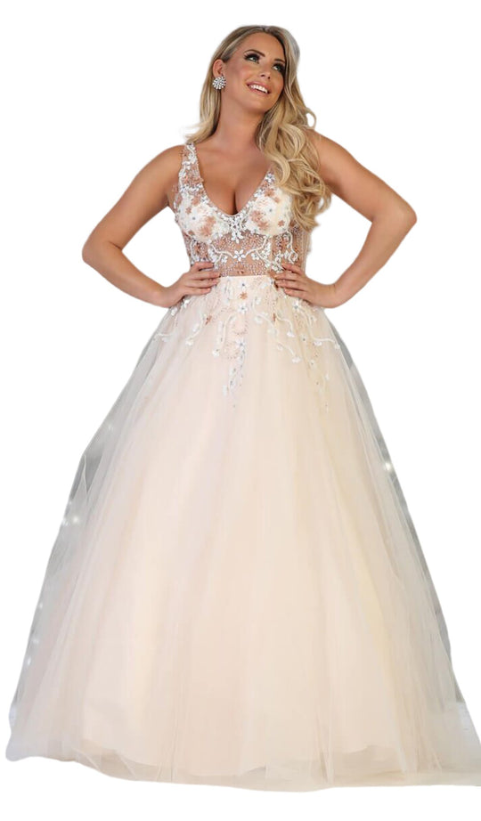 May Queen - RQ7765 Bead Embellished Illusion A-Line Gown In White and Pink