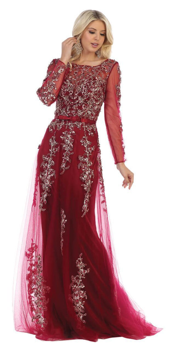 May Queen - Beaded Appliques Long Sleeves Evening Gown RQ7678 In Red