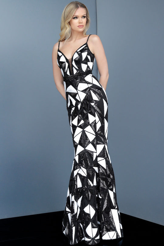 Jovani - 2250 Bedazzled Deep V-neck Trumpet Dress In Black and White
