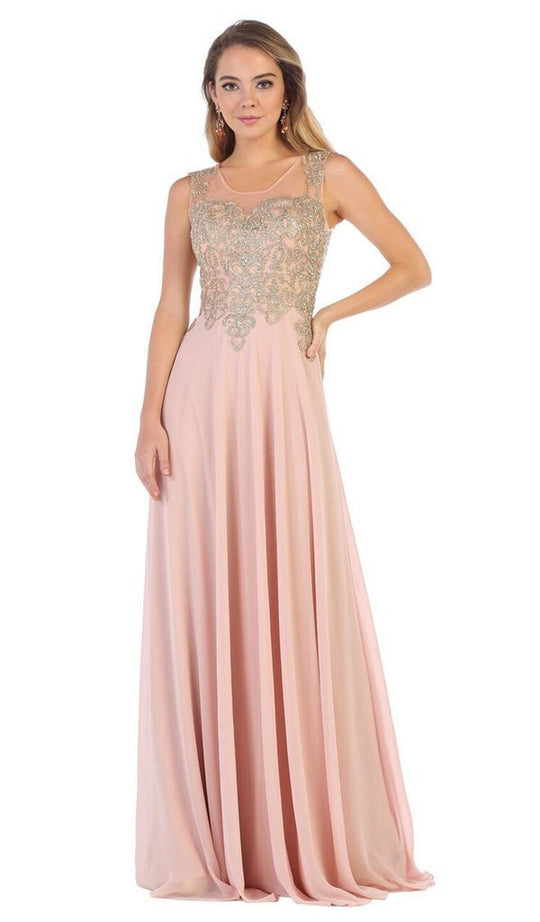 May Queen - Sleeveless Lace Applique Chiffon Long Dress MQ1616  In Pink
