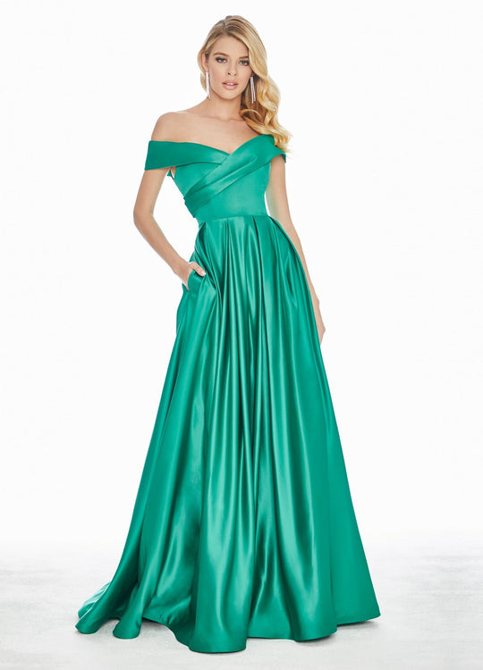Ashley Lauren - 1343 Surplice Off Shoulder Satin Ball Gown In Green