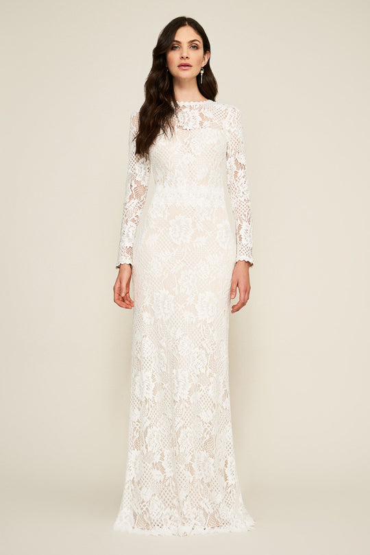 Tadashi Shoji - Lace Long Sleeve Fitted Dress In White