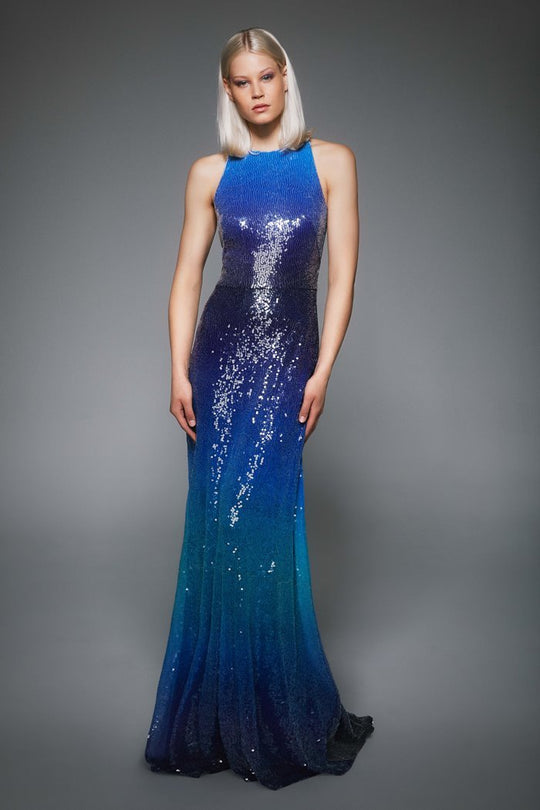 Tadashi Shoji - Sleeveless Ombre Sequined Long Dress In Blue