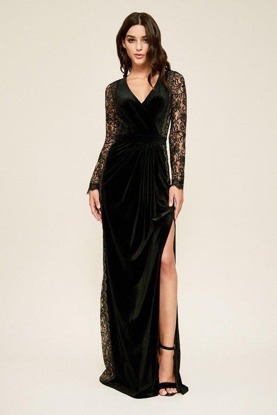 Tadashi Shoji - Molin Lace Long Sleeve Velvet A-line Gown In Black and Neutral