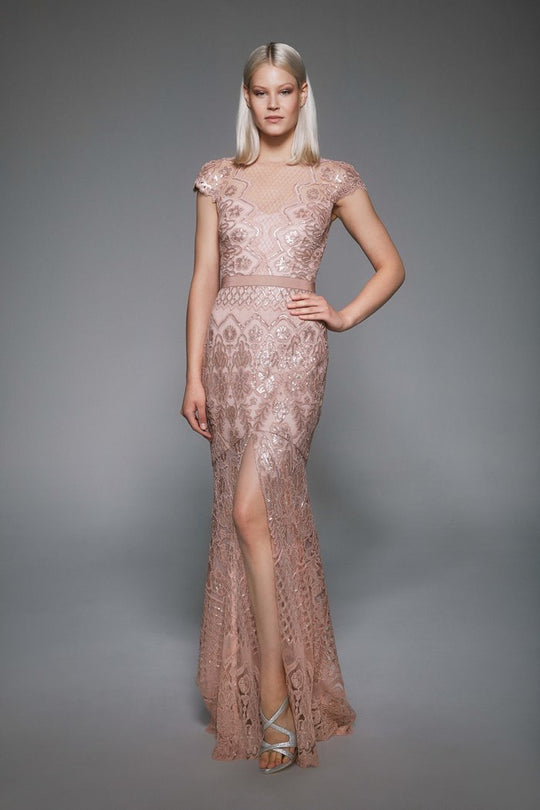 Tadashi Shoji - Embellished Cap Sleeves Long Trumpet Gown In Pink and Gold