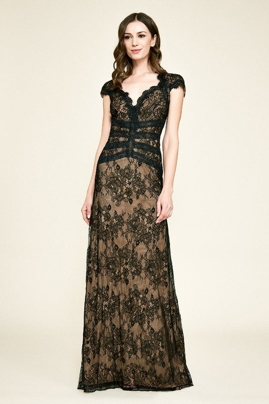 Tadashi Shoji - Laced Sweetheart Cap Sleeves Column Gown In Black and Neutral