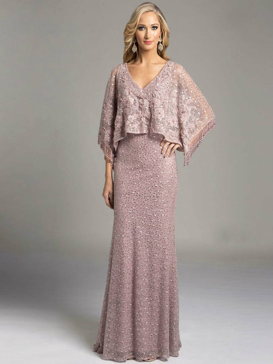 Lara Dresses - Marvelous Lace Gown with Embroidered and Fringed Capelet 33246 in Pink