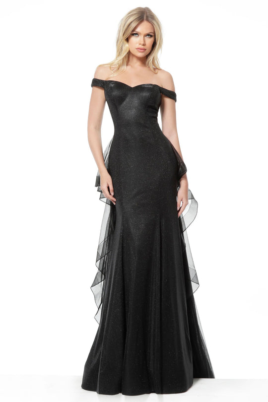 Jovani - 2308 Off-Shoulder Stretch Glitter A-line Gown In Black